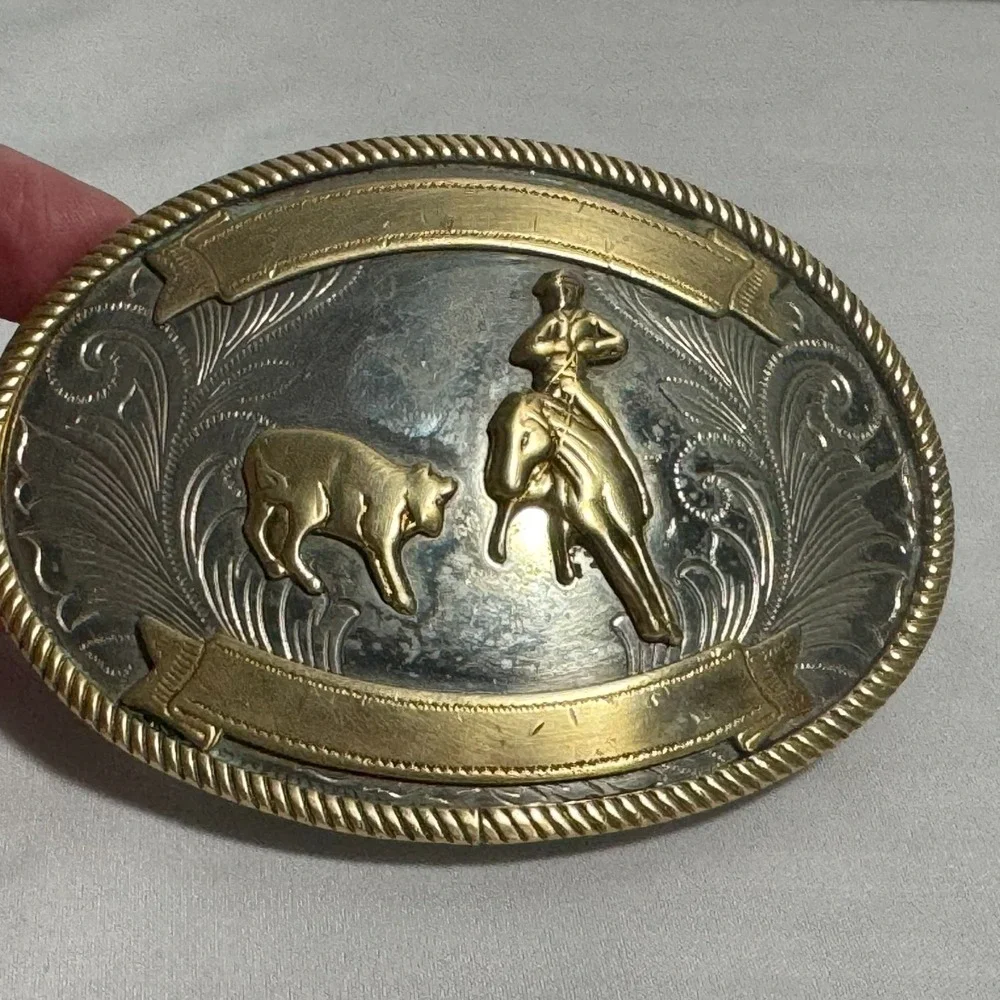 Vintage German Silver Cutting Horse working Steer Belt Buckle‎ No Engraving